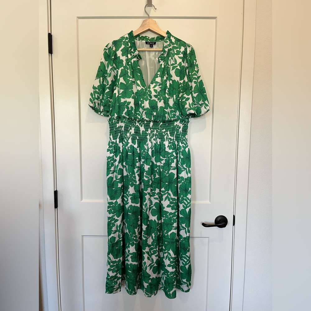 JCREW Smocked Waist Greenhouse Floral Kelly Green Preppy Garden Dress sz L - Picture 2 of 13